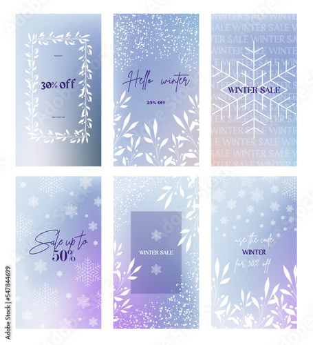 Winter sale stories banners fashion template set. Winter snow design for instagram posts. Winter design with snowflakes