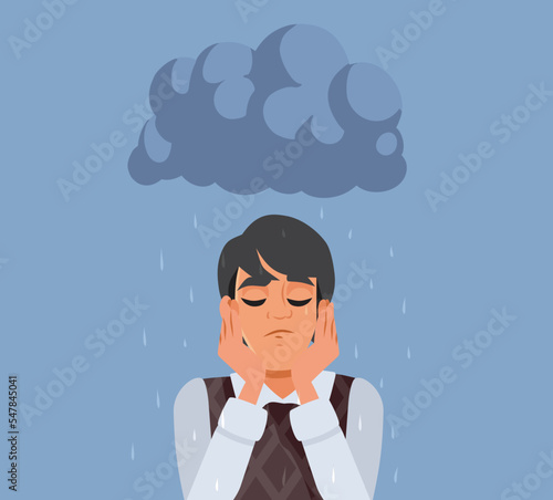 Sad Unhappy Man Having Bad Luck Vector Concept Illustration. Stressed anxious adult person feeling emotional unwell
 photo