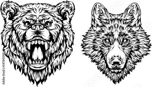 Head of bear  dog  wolf. Abstract character illustration. Graphic logo designs template for emblem. Image of portrait. 