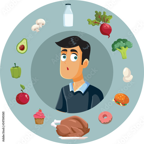 Stressed Man Thinking about a Balanced Diet Vector Cartoon Illustration. Funny guy deciding about his nutrition choosing healthy or unhealthy foods
