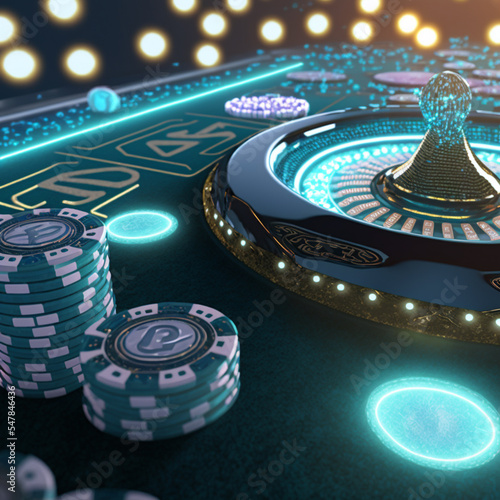 Futuristic casino with croupier tables, roulette wheels, card dispensers and poker chips.