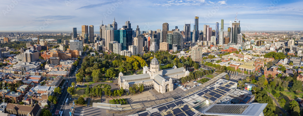 Aerial panoramic views of the beautiful Melbourne Exhibition building in Carlton, with the cbd in the background