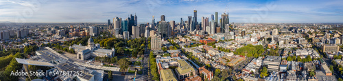 Aerial panoramic views of the beautiful Melbourne Exhibition building in Carlton  with the cbd in the background