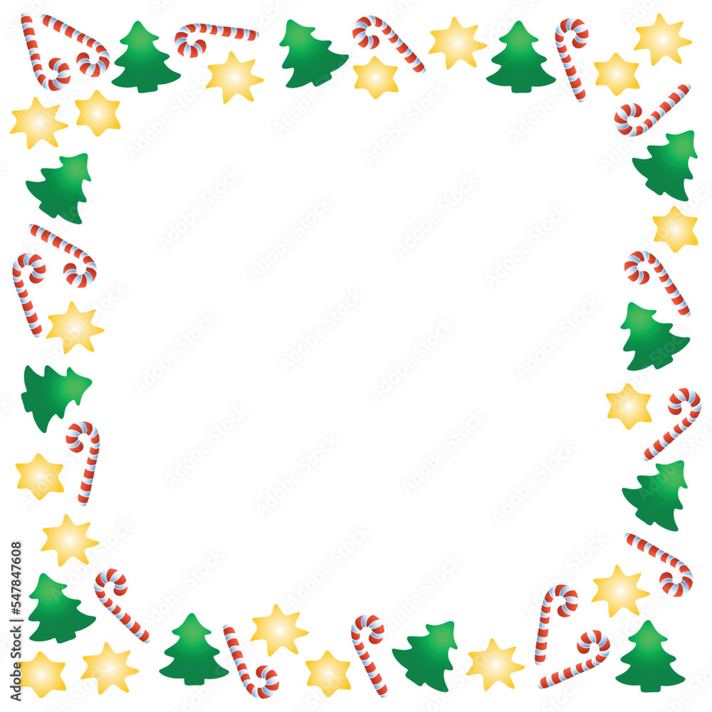 Vector frame of candy canes, stars, Christmas trees. New year Xmas background, border for winter holidays decor, greeting cards Vector frame of candy canes, stars, Christmas trees. New year Xmas background, border for winter holidays decor, greeting cards