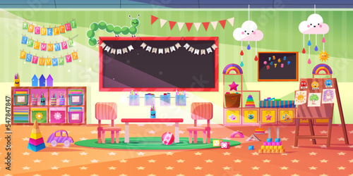 Montessori kindergarten playroom with table, chairs, blackboard and toys. Empty nursery room interior in kids daycare center with wooden furniture and toys, vector cartoon illustration