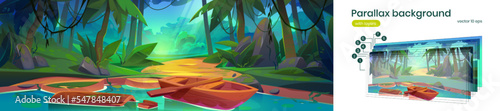Tropical forest panorama, parallax background. Cartoon vector illustration of summer landscape with sun beams penetrating thick jungle wood with green palm trees, lianas, stones, wooden boat on river