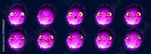Sprite set of fantasy planet with different emotions on starry sky background. Vector cartoon illustration of purple cosmic globe with big eyes and mouth, smiling, happy, sad, angry and surprised