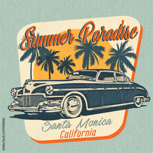 Summer Paradise California vintage poster. Retro car on the beach.