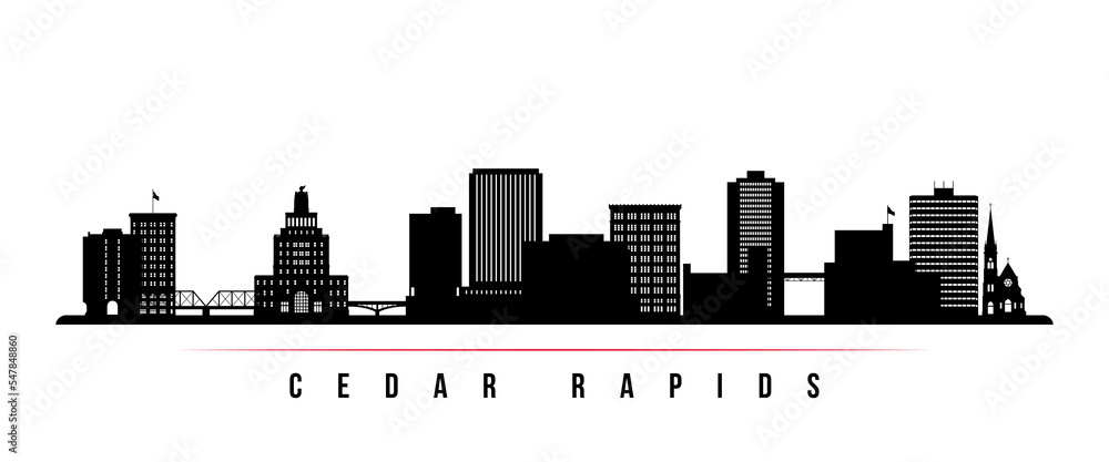Cedar Rapids skyline horizontal banner. Black and white silhouette of Cedar Rapids, Iowa. Vector template for your design.