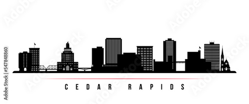 Cedar Rapids skyline horizontal banner. Black and white silhouette of Cedar Rapids, Iowa. Vector template for your design.