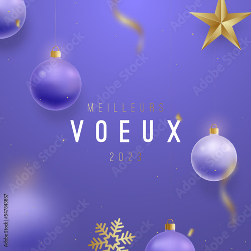 2023 New Year background. Festive banner with shiny balls and golden snowflakes. Motion blur effect. Meilleurs voeux - Best wishes from french.