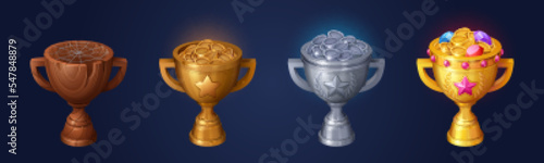 Rank trophies, gold, silver, bronze and wooden cups with money and gems. Winners awards for different place in game. Empty wooden cup and metal goblets with coins and gemstones, vector cartoon set