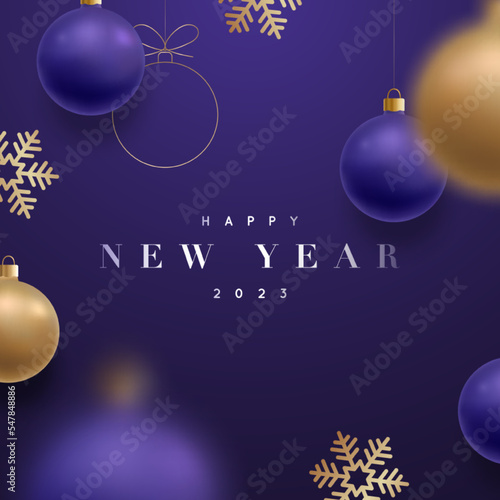 Happy new year 2023. Hanging golden metallic balls, shiny snowflakes, 3d metallic and stars on dark violet background. Festive design template for winter holidays.