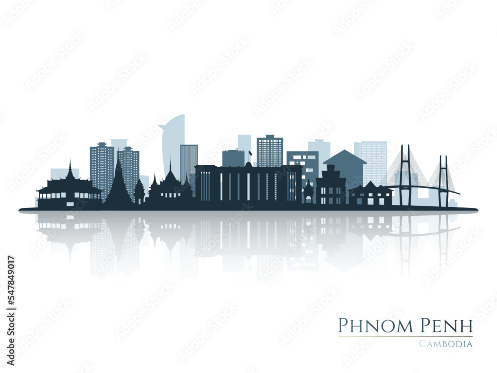 Fototapeta premium Phnom penh skyline silhouette with reflection. Landscape Phnom penh, Cambodia. Vector illustration.