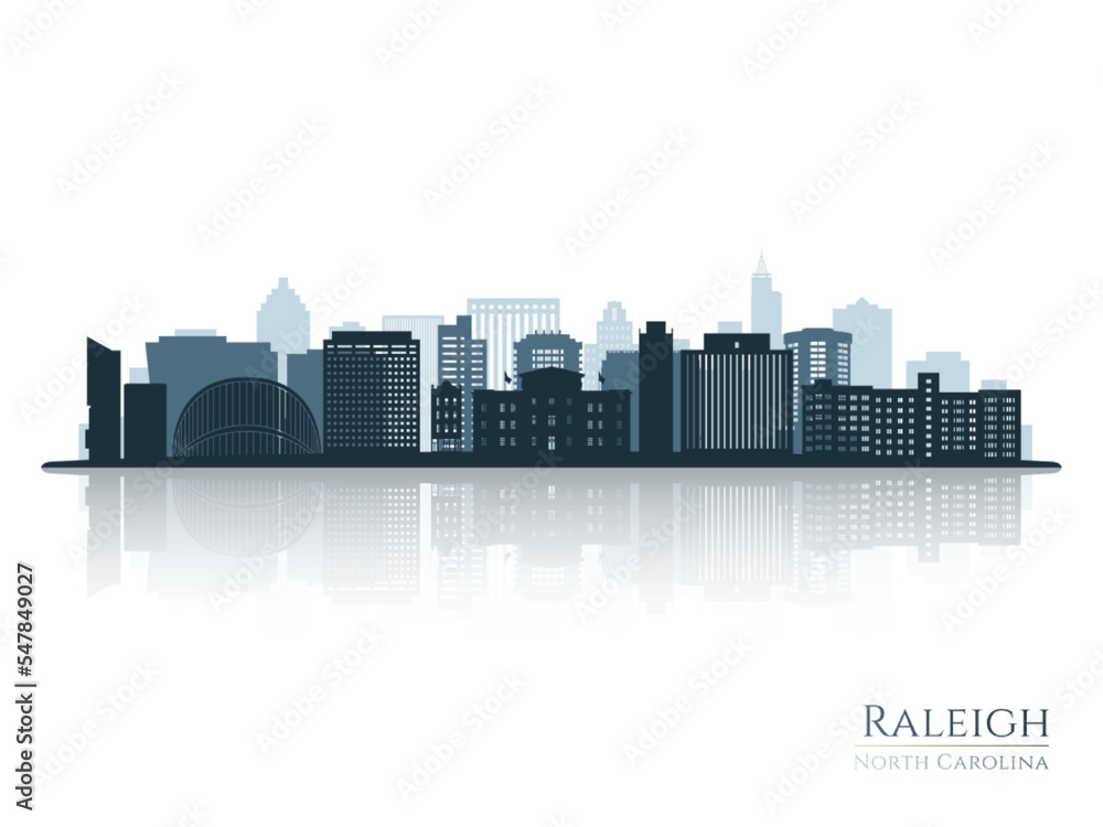 Raleigh skyline silhouette with reflection. Landscape Raleigh, North Carolina. Vector illustration.