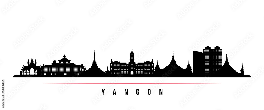 Yangon skyline horizontal banner. Black and white silhouette of Yangon, Burma. Vector template for your design.