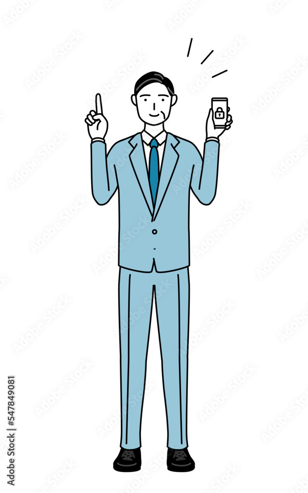 スマホのセキュリティ対策をするシニアビジネスマン、経営者・管理職・社長のシンプルな線画イラスト