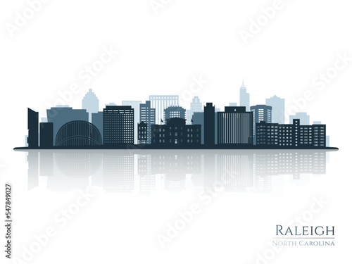 Raleigh skyline silhouette with reflection. Landscape Raleigh  North Carolina. Vector illustration.