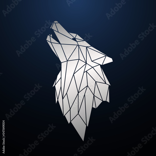 Silver Low Poly Wolf Head. Wild Wolf in geometric style. Silver animal emblem. Howling wolf. Stock vector illustration.