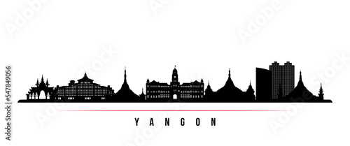 Yangon skyline horizontal banner. Black and white silhouette of Yangon, Burma. Vector template for your design.