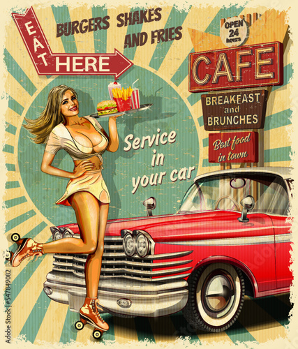 Vintage  poster  with waitress on roller skates and retro car.1950s style diner waitress. photo