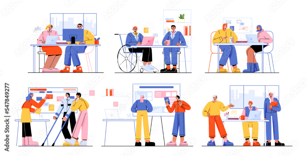 People discuss job in office, talk together on business meeting. Company team communication, employees conversation on workplace concept, vector flat illustration