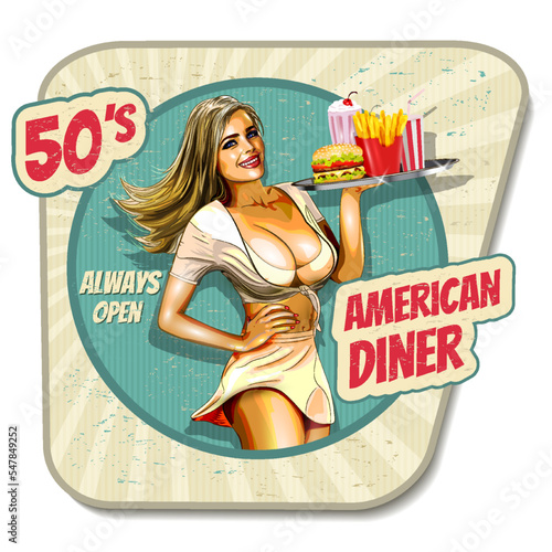 Retro Diner Waitress holding a tray of fast- food.