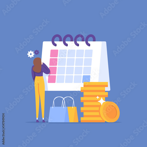 management and financial planning. manage monthly expenses. monthly expenses. a woman looks at the calendar. housewife, accountant, manager. illustration concept design. graphic elements