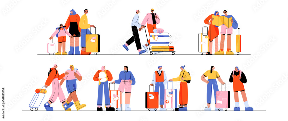 Family, couples and friends travel. Diverse people standing with suitcases and backpacks, walk and push cart with luggage, look at map, vector cartoon illustration
