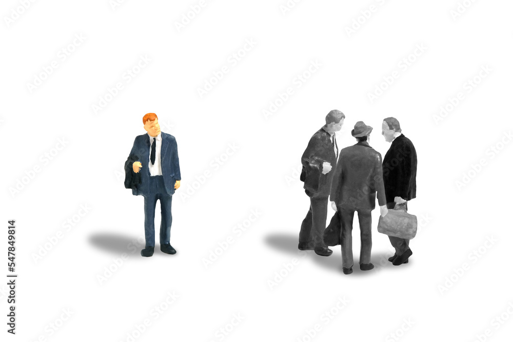 Miniature people toy figure photography. Office gossip concept. A businessman worker talking about someone. Isolated on white background. Miniature people toy figure photography. Office gossip concept. A businessman worker talking about someone. Isolated on white background.