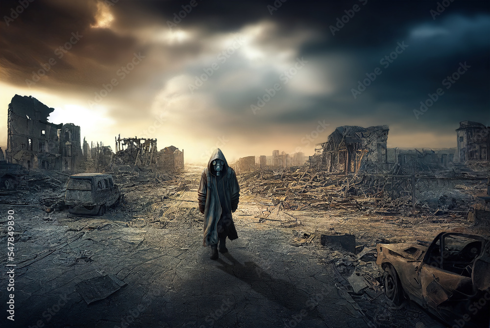 The surviving traveler walks along the street of the city destroyed by the war. The terrible consequences of the nuclear conflict. Realistic digital illustration. Fantastic Background. Concept Art. CG