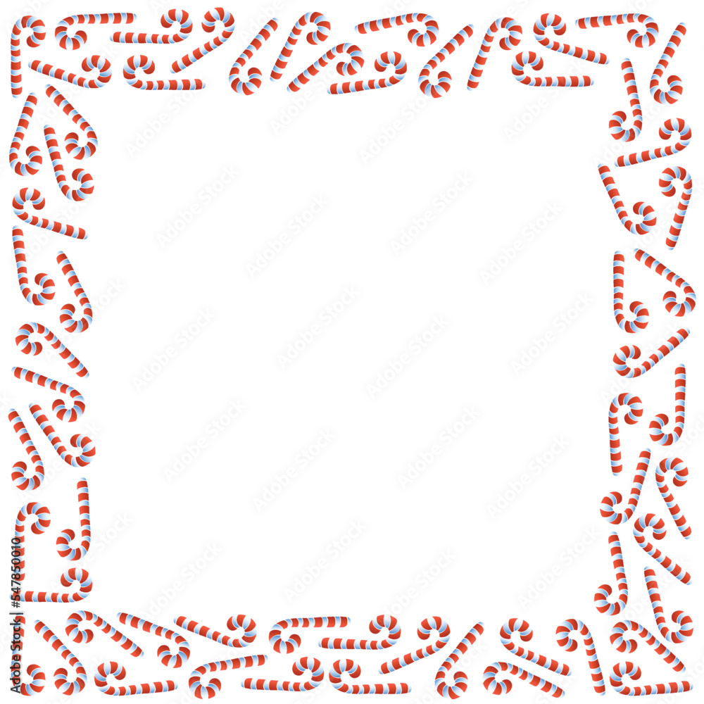 Vector background, frame, border from red candy cane. Bright edging, decoration on theme sweet New Year and Christmas. For greeting cards, invitations, xmas design Vector background, frame, border from red candy cane. Bright edging, decoration on theme sweet New Year and Christmas. For greeting cards, invitations, xmas design