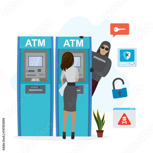 Scam, hacker stealing passwords and credit cards data. Crime on automatic teller machine. Female customer uses ATM to pay and withdraw cash. Criminal hiding behind ATM machine.