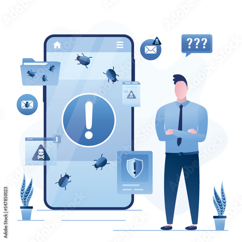 Unhappy user man. Hacker attack smartphone, scam, spam. Report about bugs. Customer complaints about errors. Cybercrime, malware. Problems of bugs or viruses in mobile operating system