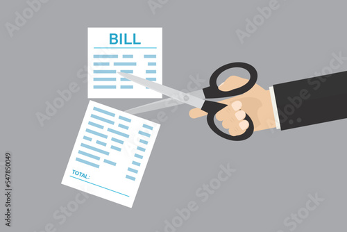Businessman hand uses scissors and cuts bill. Rescue from bankruptcy, payment of bills, taxes. Difficult financial situation, debt burden on business. Governmental support.