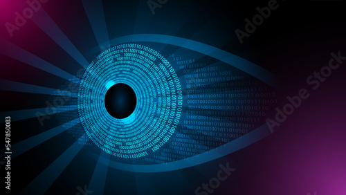Digital eye data network cyber security technology binary code 0 to 1 glowing blue on dark background. Futuristic tech of virtual cyberspace and internet secure surveillance. Safety scanner. Vector