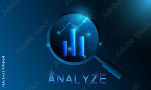 Futuristic analyze concept. Magnifying glass and graph growth glowing symbols and text. Technology abstract analyze vector. Graphic design concept of business analyze. Glow in the dark background.