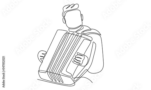 Continuous line of man musician playing accordion. Male performer plays acoustic musical instrument