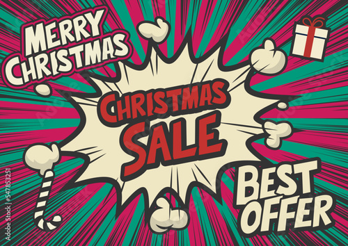 Christmas Sale retro typography pop art background, an explosion in comic book style. 
