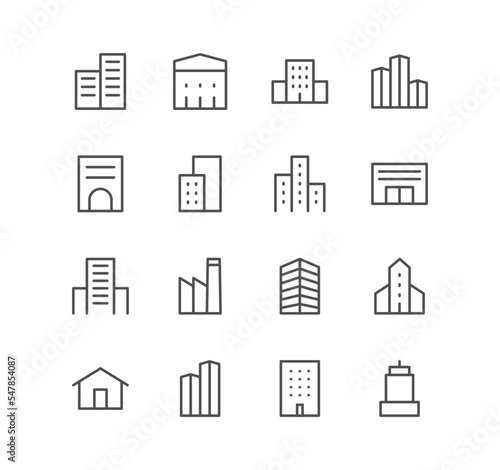 Set of building and house icons, property, apartment, school, structure, skyscraper, hospital and linear variety vectors.