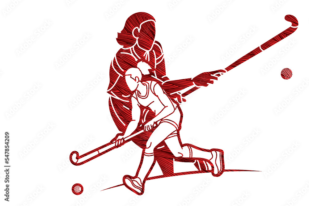 Field Hockey Sport Team Female Players Action Together Cartoon Graphic Vector Field Hockey Sport Team Female Players Action Together Cartoon Graphic Vector