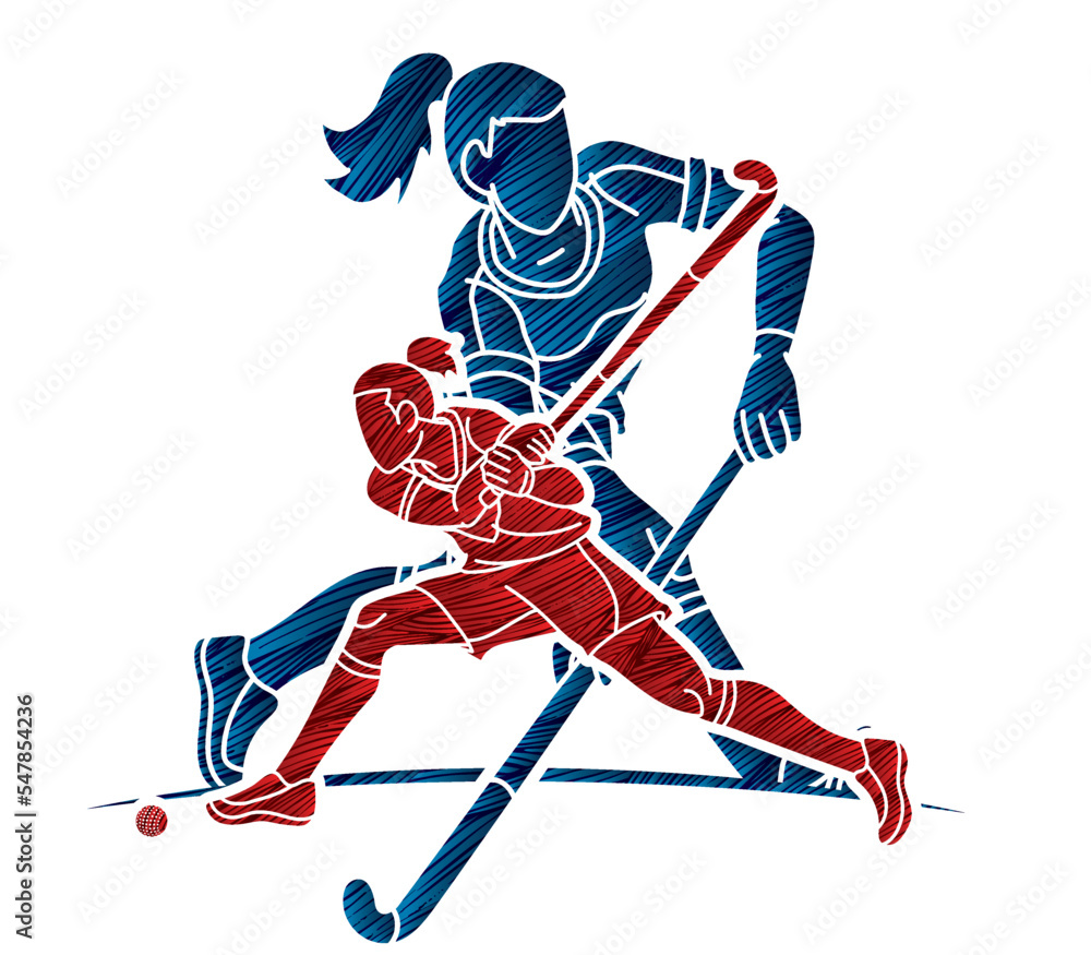 Fototapeta premium Field Hockey Sport Team Female Players Action Together Cartoon Graphic Vector
