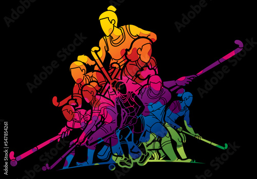 Field Hockey Sport Team Female Players Action Together Cartoon Graphic Vector