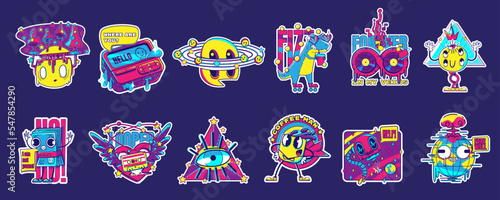 Psychedelic retro rave stickers with coffee man, pager and retro audio tape. Mushrooms, dinosaur, fare well Earth and cute odd creatures. Cartoon vector acid design badges set