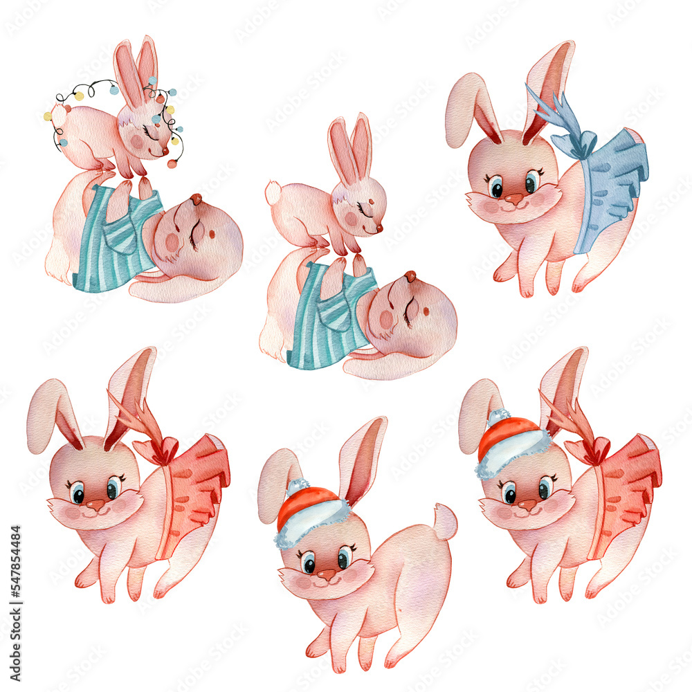Fototapeta premium Set of christmas forest cartoon hare bunny, animal character. Winter Christmas tree floral elements, bouquets, berries, flowers, snow and snowflakes. Christmas Symbols And Elements. Happy New Year