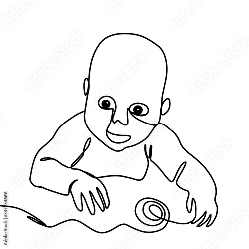 A child drawn with a single line. A baby is playing with a knitting ball.