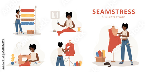 Sewing concept. African woman seamstress sews, cuts, takes measurements and streams clothes. Fashion designer or dressmaker. Vector illustration in flat cartoon style. Hobby concept.