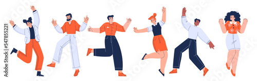 Happy office employees jump with raised arms. People characters in formal wear feel positive emotions, rejoice, celebrate victory or success isolated on white, Cartoon linear flat vector illustration
