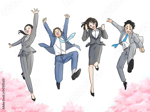 桜を背景にジャンプするスーツ姿の男女のイラスト