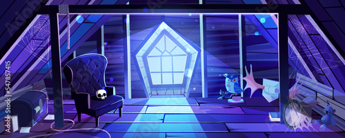 Night attic with skull on armchair, cobweb in dark corners, scary owl, old staff on floor and moon shining through window. Spooky Halloween atmosphere in abandoned room. Vector cartoon illustration